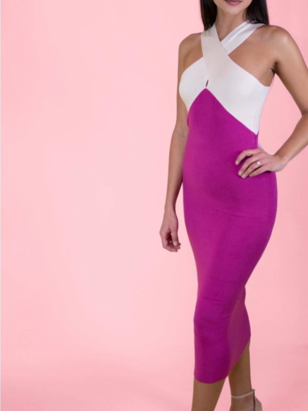Lush Cream and Fuchsia Crisscross Knit Halter Midi Dress - Picture 3 of 14